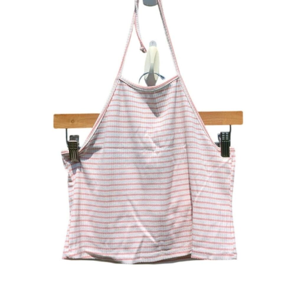 Stretchy pink striped crop top body con halter top summer festival beach shirt S